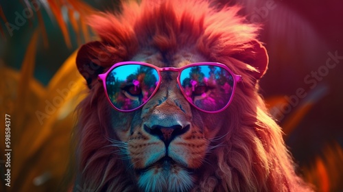 Retro hipster illustration with black fashion lion wearing sunglasses. Trendy illustration. Cute safari wildlife animal. Poster design. © imagemir