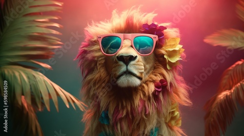 Retro hipster illustration with black fashion lion wearing sunglasses. Trendy illustration. Cute safari wildlife animal. Poster design. © imagemir