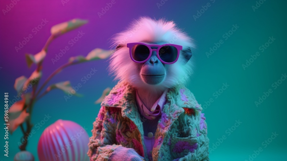 Beautiful portrait monkey design. Happy beautiful background. Fashion poster. Isolated . Smile face. Color background. Fashion style.