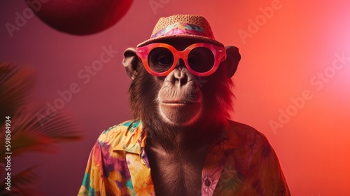 Beautiful portrait monkey design. Happy beautiful background. Fashion poster. Isolated . Smile face. Color background. Fashion style. © imagemir