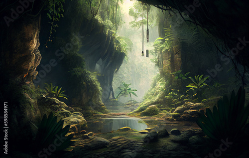 A Mysterious Cave Nestled Within the Forest Embrace, Stillness of the Woods, the Trees and Plants Offering a Passage to the Realm and the Enigmas of the Jungle