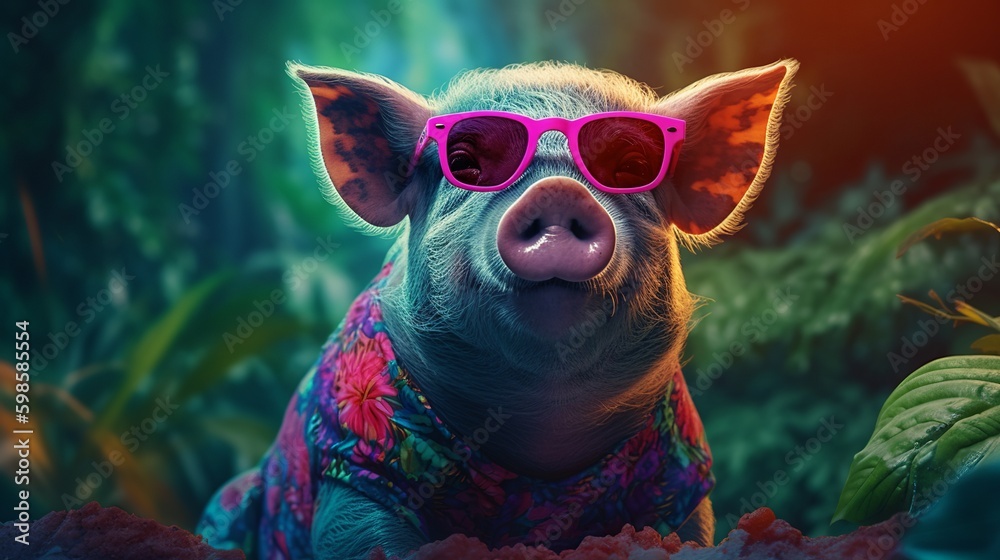 Fashion pig wearing sunglasses in stylish style. Fashion sketch. Realistic style. Stylish fashion frame. Holiday concept.
