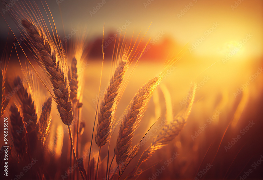 Wheat ear in farmland fields at warm sunlight. Generative AI Wheat ear in farmland fields at warm sunlight. Generative AI