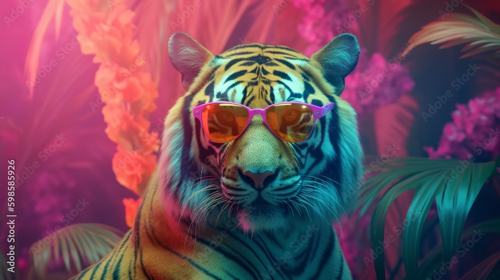Fashion tiger wearing sunglasses in hipster style on tropical background. Beautiful tiger. Summer seamless. Tiger animal skin background. Fashion tiger wearing sunglasses in hipster style on tropical background. Beautiful tiger. Summer seamless. Tiger animal skin background.