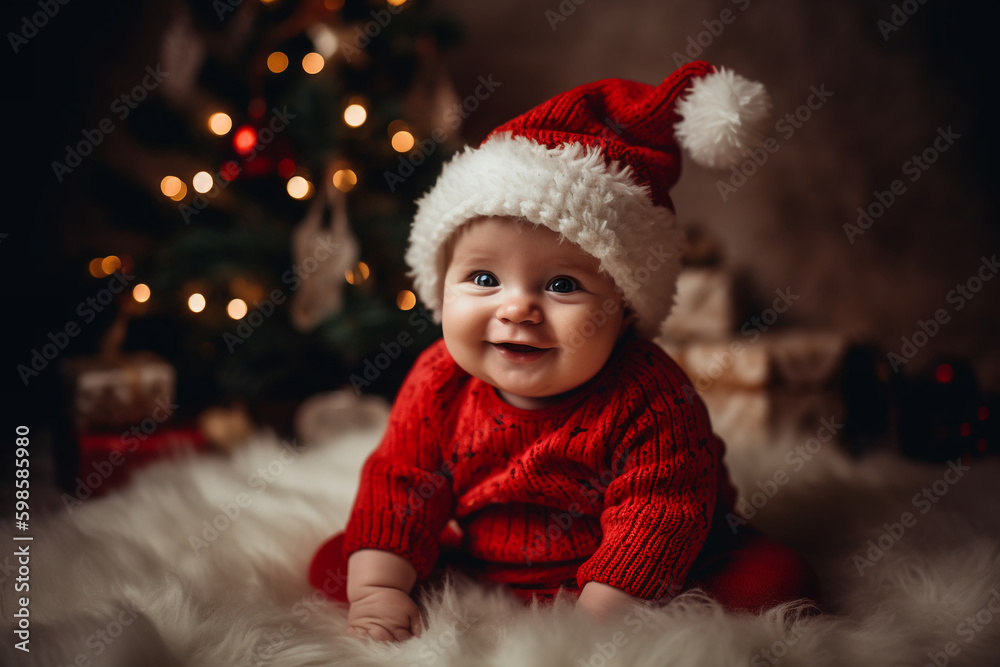 Baby in santa claus hat. Generative Ai 