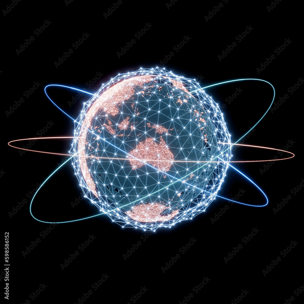 Glowing Earth Globe on a black background. Plexus network, satellite orbits, big data, technology global communications, internet. 3d render.