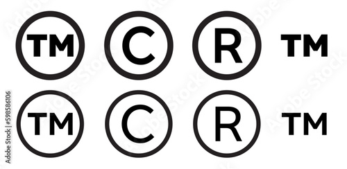 Set of registered trademark and copyright symbols in black color. Black circle vector tm, c, and r sign symbols on transparent background. 