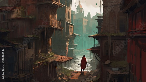 a boy in a mantle walks through the streets, dark crimson and emerald, 32k uhd, industrial decay, columns and totems, concept art, birds-eye-view, Generative AI © Ameer