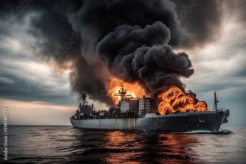 fire has broken out on a damaged military cruiser, posing a potential threat to the crew and the environment. Generative AI