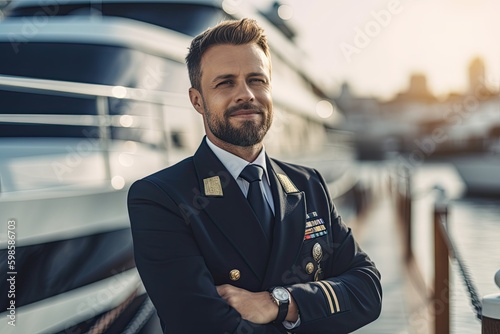 confident captain standing in front of a luxury yacht. The captain exudes a sense of professionalism and expertise, with the impressive yacht in the background. Generative AI