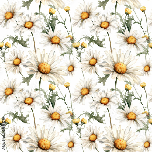 Seamless pattern with many daisies on white background in watercolor style. Generative AI.
