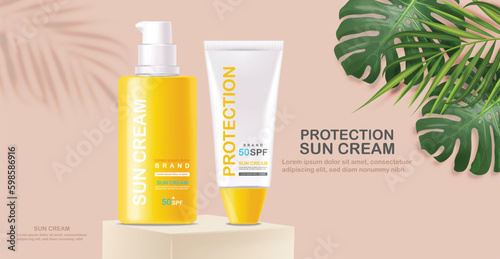 Sun cream bottle 3d realistic isolated, sea background, tropical banner, packaging mockup, protection sun cream, spf 50 summer cosmetics vector illustration