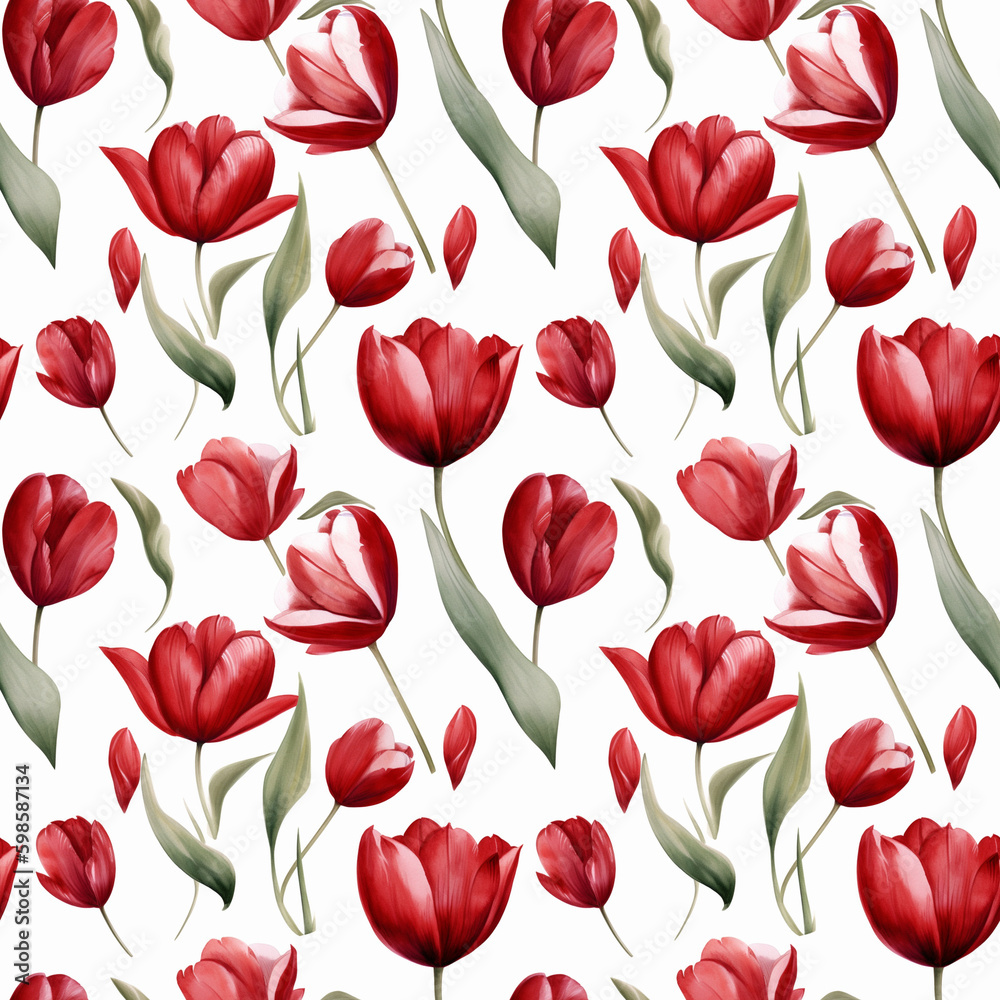 Seamless pattern with many red tulips on white background in watercolor style. Generative AI. Seamless pattern with many red tulips on white background in watercolor style. Generative AI.