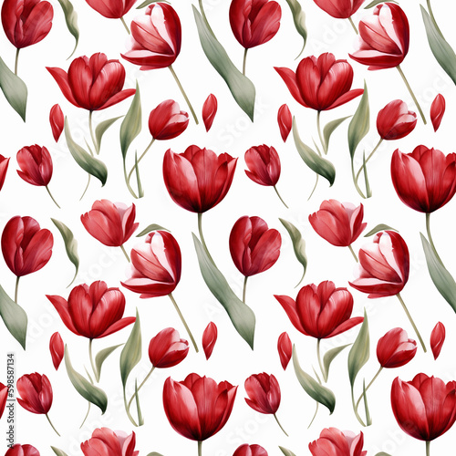 Seamless pattern with many red tulips on white background in watercolor style. Generative AI.