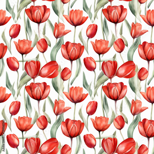 Seamless pattern with many red tulips on white background in watercolor style. Generative AI. © Hanna
