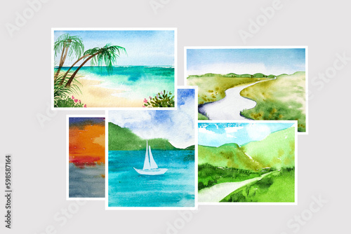 Watercolor photography of landscapes.Trendy minimalistic watercolor illustrations. Original painting of nature