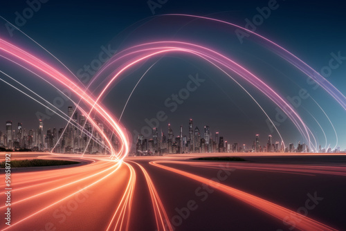 curved neon lines background with gracefully arcing light trails in vivid colors  creating a sense of movement and energy. Generative AI