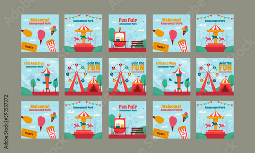 amusement park social media post template vector flat design