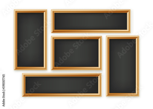 Signboards in a wooden frame hanging . Restaurant menu board. School vector chalkboard, writing surface for text or drawing. Blank advertising or presentation boards. Vector.