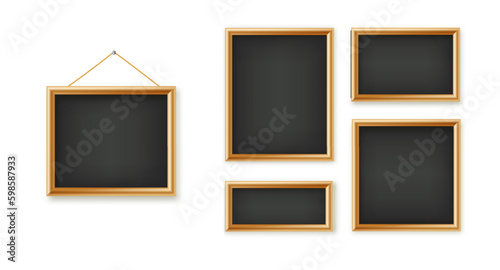 Signboards in a wooden frame hanging . Restaurant menu board. School vector chalkboard, writing surface for text or drawing. Blank advertising or presentation boards. Vector.