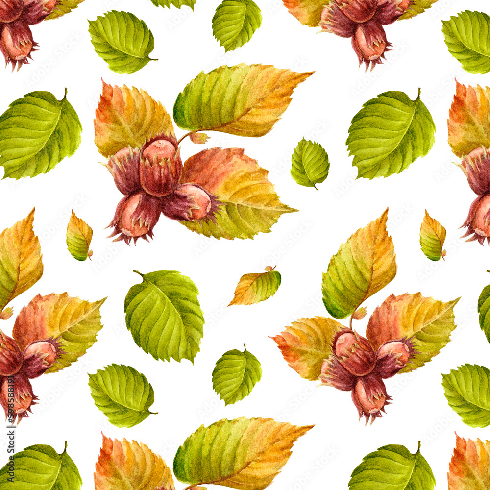 Obraz premium hazelnuts with autumn leaves on white background seamless pattern