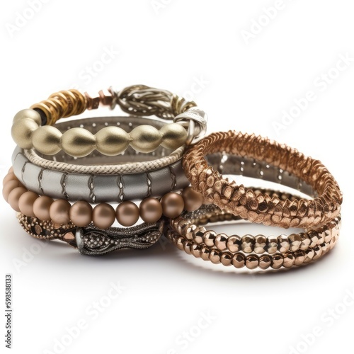  Women's stackable bracelets with various textures isolated on a white background, generative ai