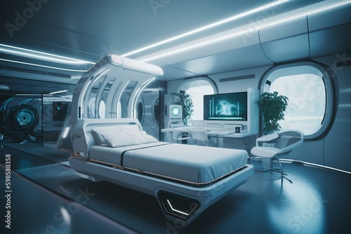 A futuristic hospital room featuring a bed, window with mountain view, and volumetric lighting. Generative AI © Hollis