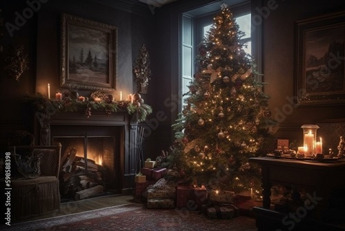 Festive tree adorned with ornaments next to a warm fireplace. Generative AI