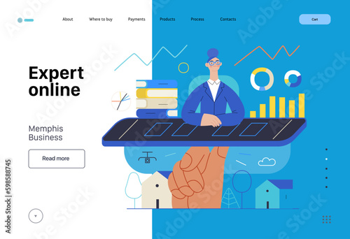 Memphis business illustration. Expert online -modern flat vector concept illustration a female financial consultant at the desktop as a phone screen. Commerce business consulting metaphor.