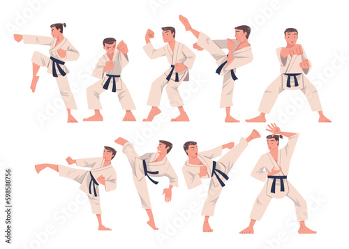 Young Man Doing Karate Wearing Kimono and Black Belt Engaged in Martial Art Vector Set photo