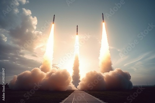 Two rockets launch into the sky. Generative AI