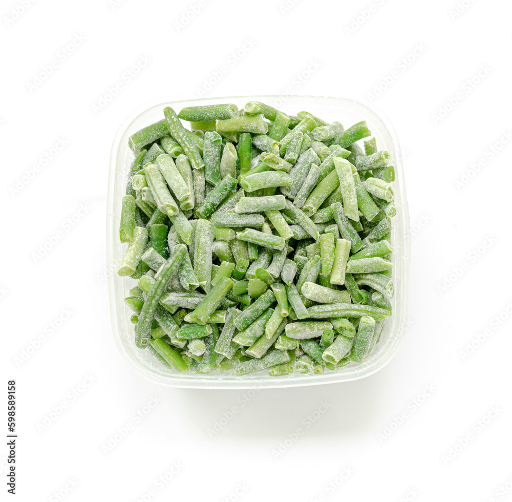 Frozen cut green beans in square plastic bowl on white background. Top view. Square format. Frozen cut green beans in square plastic bowl on white background. Top view. Square format.