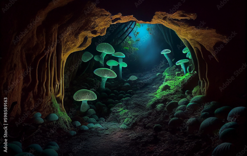 Obraz premium The Forest's Hidden Gems: Glowing Wild Mushrooms, Emerging from the Earth and Adorning the Forest Landscape with Their Unique Beauty, and Colors Adding a Touch of Whimsy to the Enchanted Wilderness