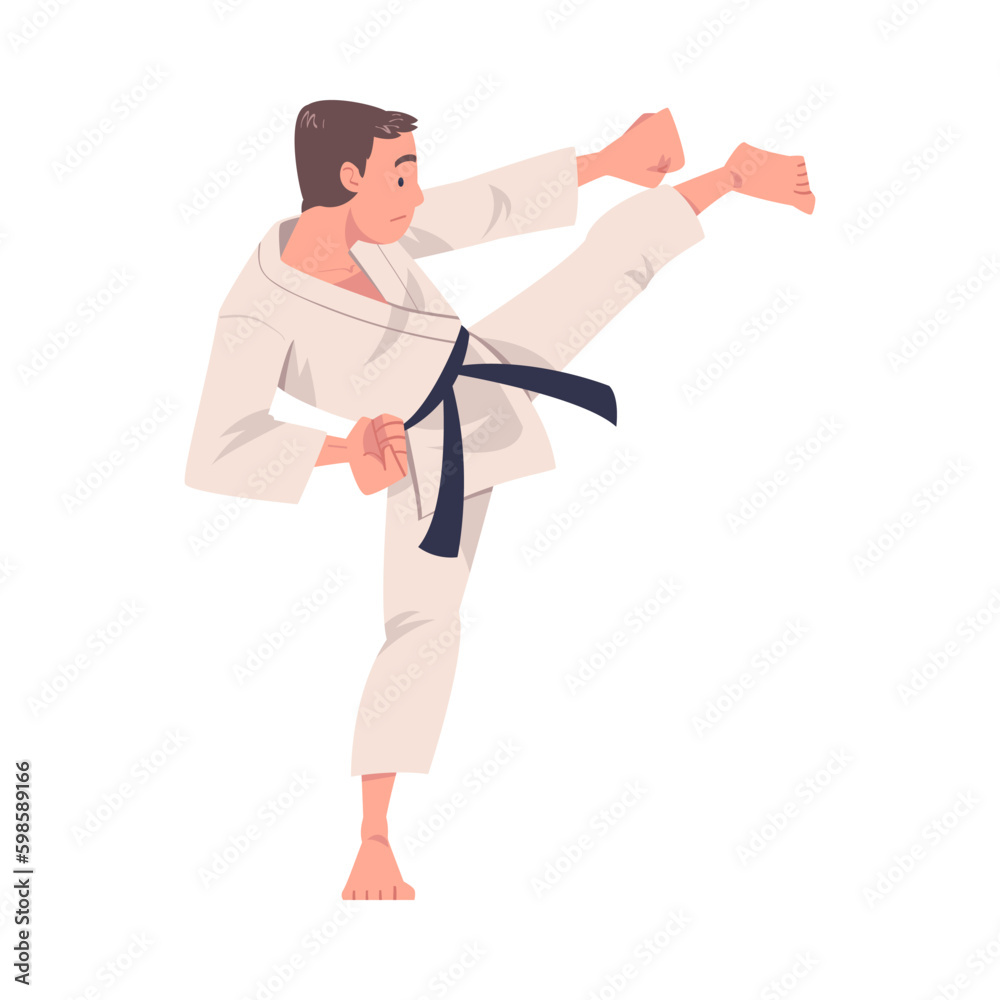 Young Man Doing Karate Wearing Kimono and Black Belt Engaged in Martial Art Vector Illustration Young Man Doing Karate Wearing Kimono and Black Belt Engaged in Martial Art Vector Illustration