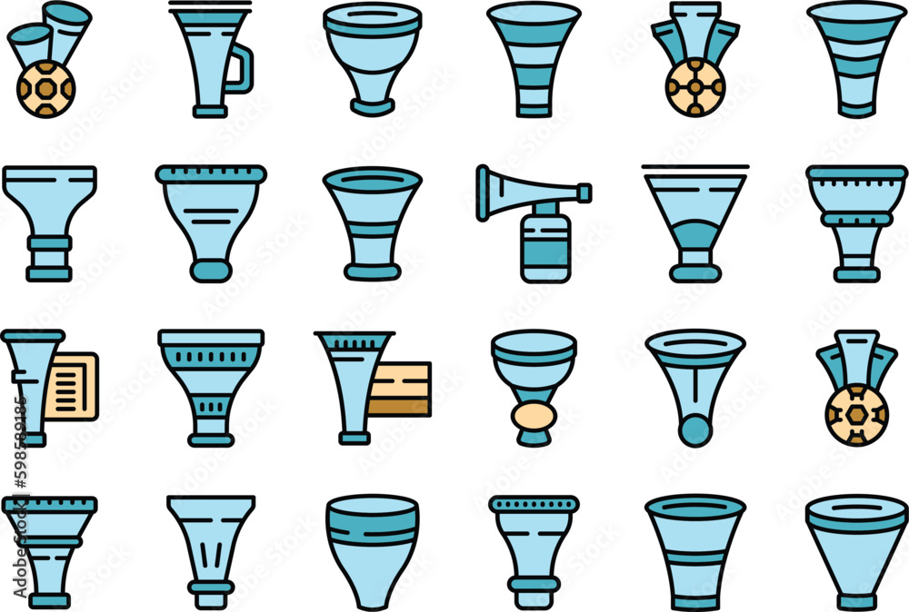Vuvuzela icons set outline vector. South Africa. Horn soccer thin line color on white Vuvuzela icons set outline vector. South Africa. Horn soccer thin line color on white