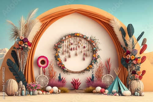 Generative AI illustration of an indian tent decorated with flowers and feathers photo