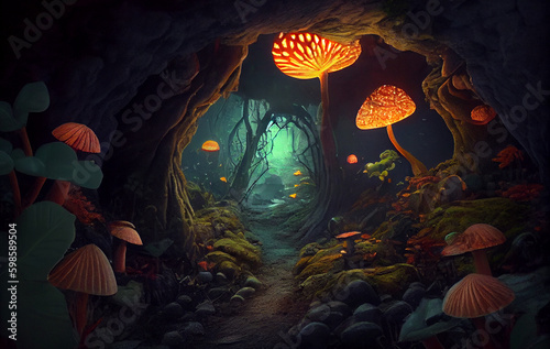 The Forest's Hidden Gems: Glowing Wild Mushrooms, Emerging from the Earth and Adorning the Forest Landscape with Their Unique Beauty, and Colors Adding a Touch of Whimsy to the Enchanted Wilderness