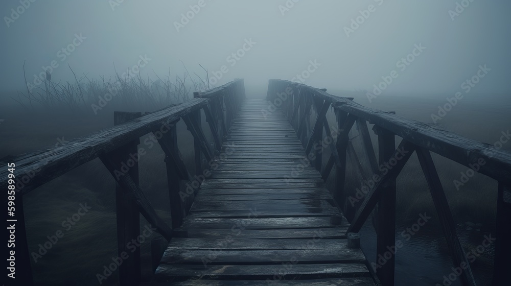 Fototapeta premium old wooden bridge leading to nowhere in the fog, broken, gloomy dark blue, mysterious, loneliness, pier in fog, bridge over the fog, horror, Generative AI