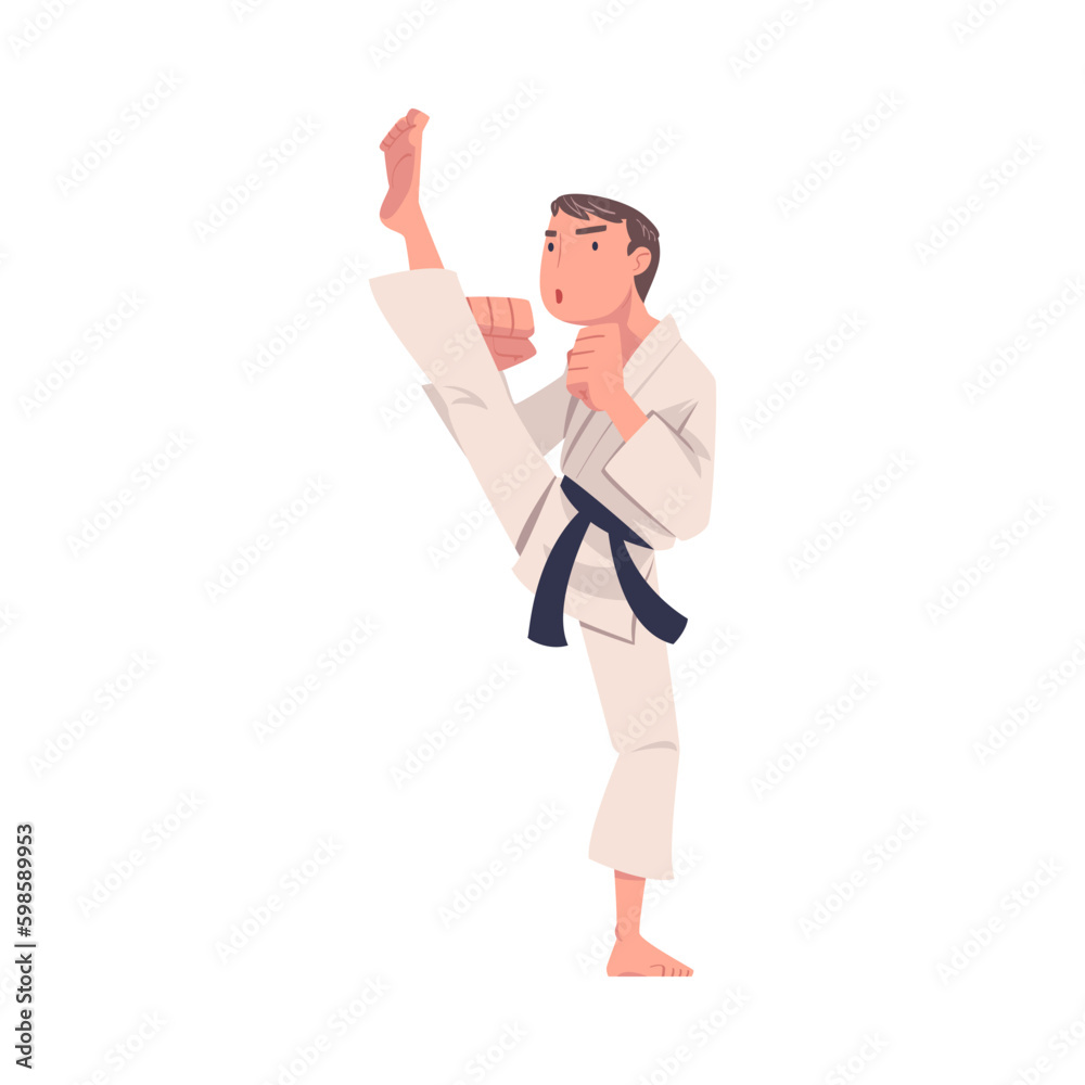 Young Man Doing Karate Wearing Kimono and Black Belt Engaged in Martial Art Vector Illustration Young Man Doing Karate Wearing Kimono and Black Belt Engaged in Martial Art Vector Illustration
