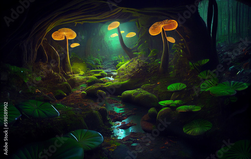 The Forest's Hidden Gems: Glowing Wild Mushrooms, Emerging from the Earth and Adorning the Forest Landscape with Their Unique Beauty, and Colors Adding a Touch of Whimsy to the Enchanted Wilderness © Musashi_Collection