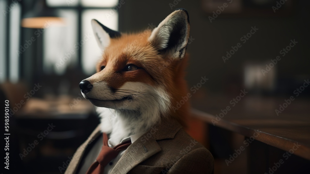 Fototapeta premium A portrait of a fox in a business suit at the office, Generative AI