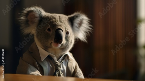 A portrait of a koala in a business suit at the office, Generative AI