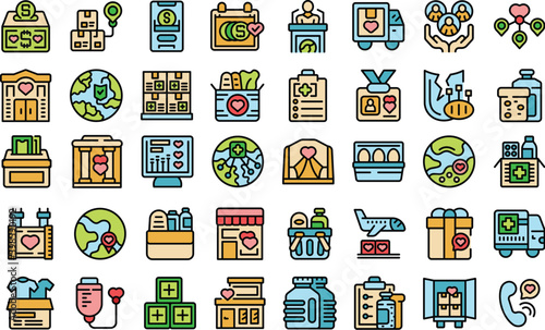 Humanitarian aid icons set outline vector. Donate box. Care food thin line color on white