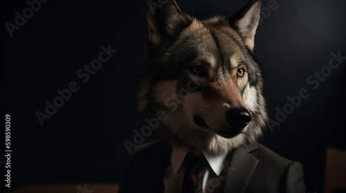 A portrait of a wolf in a business suit at the office, Generative AI