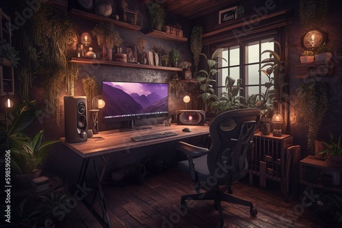 Cozy work space with purple tones, centered furniture and foliage in the corner. Generative AI