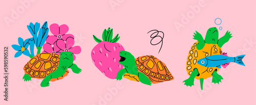 Set of cute little Turtles. Cartoon style characters. Hand drawn Vector illustration. Isolated design elements. Protect and save sea creatures, tortoise, animal world day concept