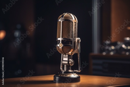 Vintage radio mic for live broadcast, podcast or recording studio. Perfect for live events and retro themes. Generative AI