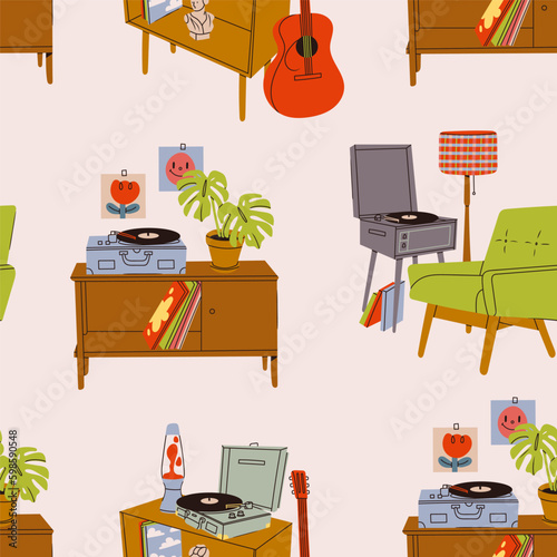 Vinyl record player, records, lava lamp, guitar, furniture. Hand drawn Vector illustration. Home decor, retro style apartment, interior composition, coziness concept. Square seamless Pattern