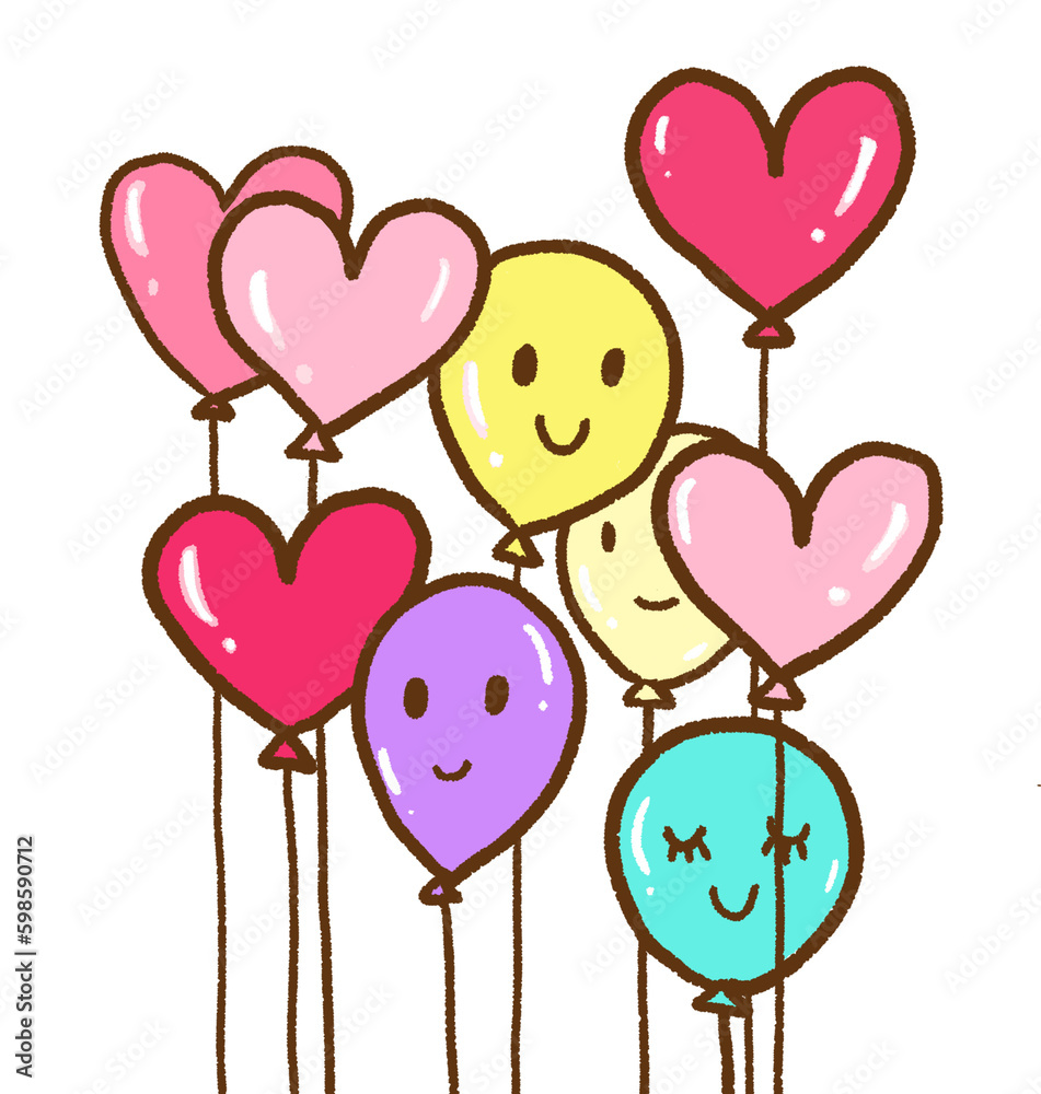 heart shaped and smiley face balloons illustration.