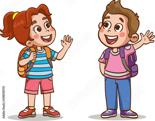 little kid say hello to friend and go to school together